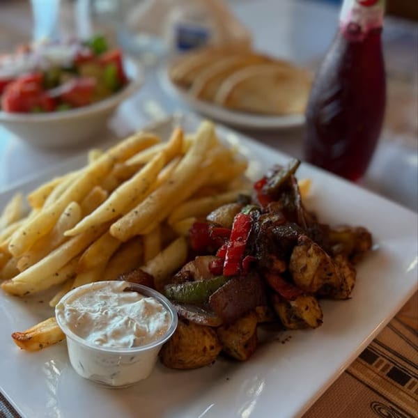 GRK Grill's Greek meal with fries, grilled vegetables, tzatziki, salad, and pita bread.