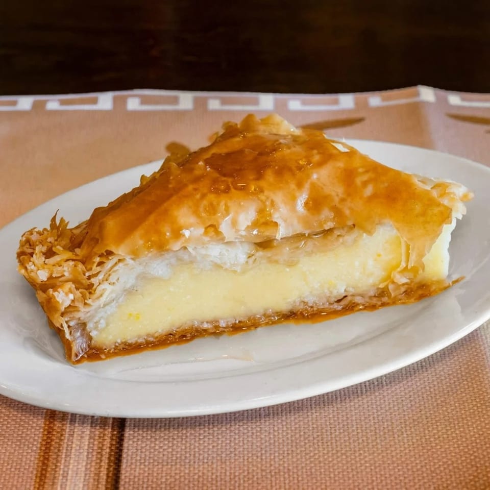 A slice of Greek galaktoboureko, a custard-filled pastry with flaky phyllo and honey syrup.